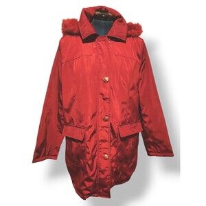 Dennis Basso Red Faux Fur Hood Button Down Zip Up Coat Jacket Women's Size XL